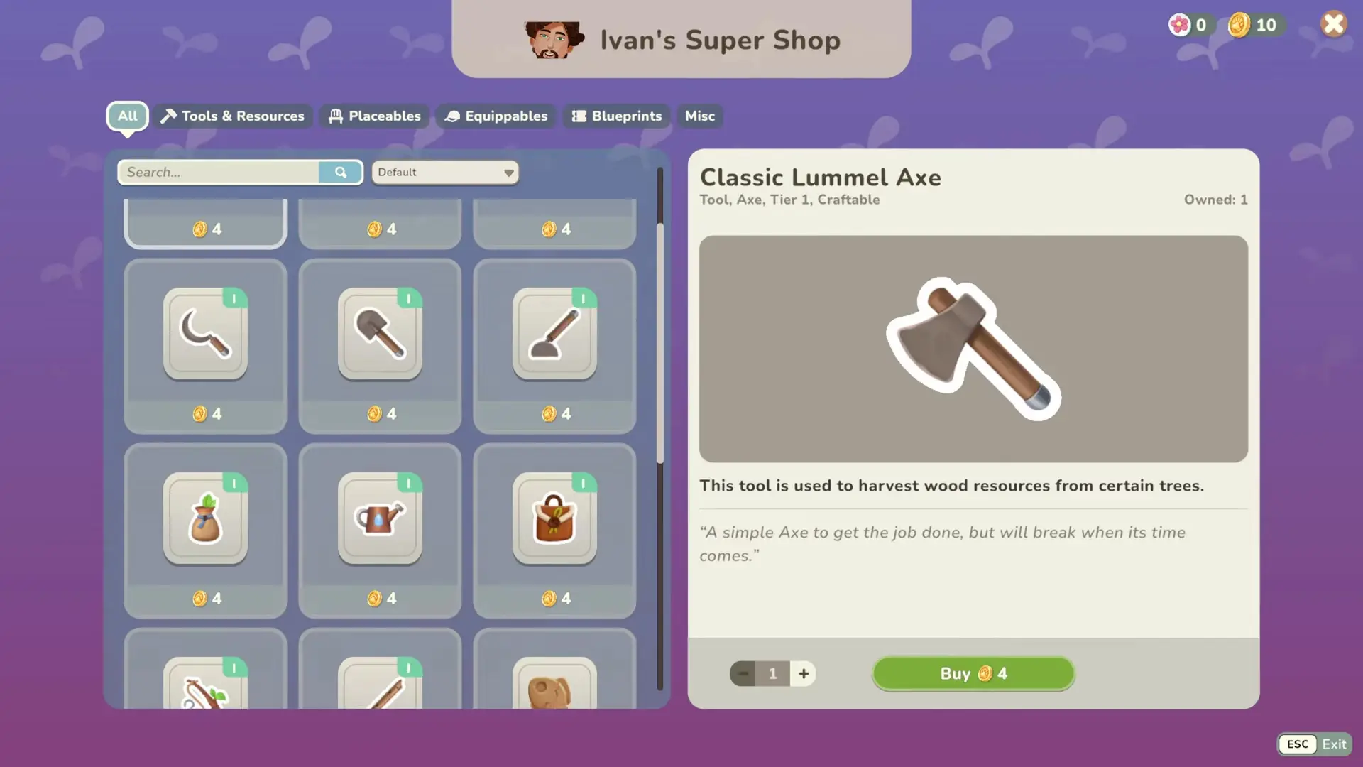 An in-game shop interface from 'My Neighbor Alice' displays various tools for purchase including a Classic Lummel Axe, with details and a buy option on the right.