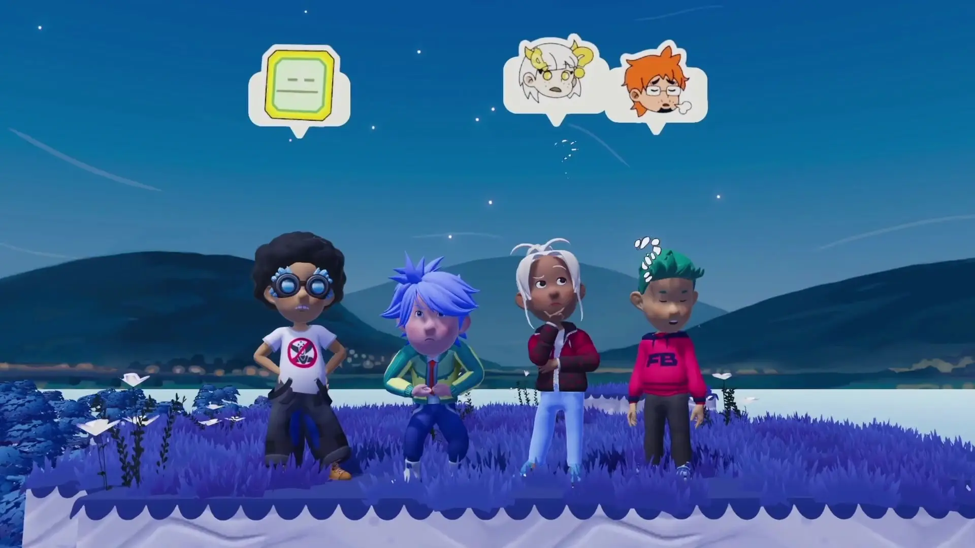 In My Neighbor Alice, four animated characters with different hairstyles and clothing stand on a field of purple grass at night, with speech bubbles above their heads containing various icons and facial expressions.