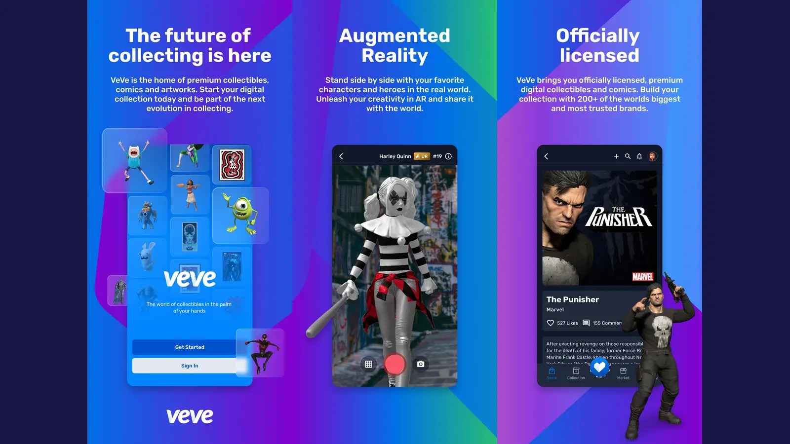 A screenshot of the VeVe app interface displays three panels highlighting its features, including digital collectibles from shows like Adventure Time, an augmented reality Harley Quinn figure, and an officially licensed Marvel Punisher item with a 3D model standing next to the screen.