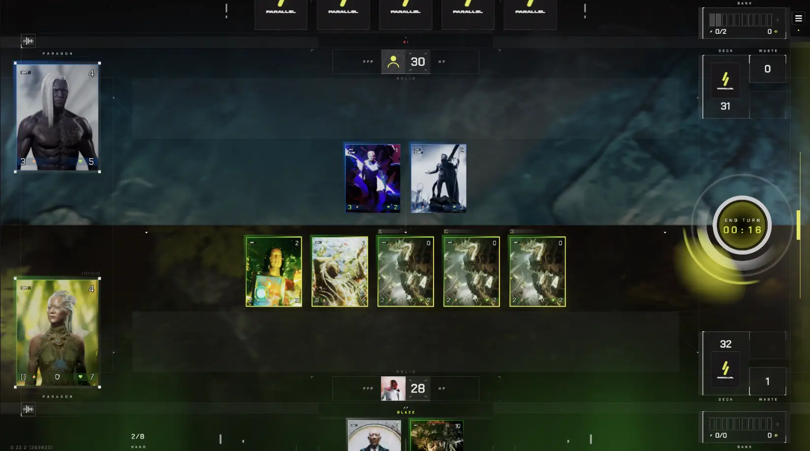 The image from Parallel TCG shows a digital card game interface with various character cards and statistics on the screen, including a countdown timer labeled 'End Turn' displaying 00:16.