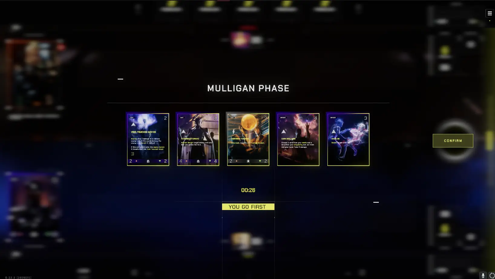 The image from Parallel TCG shows a digital card game interface during the 'Mulligan Phase,' displaying a selection of five cards for player decision.