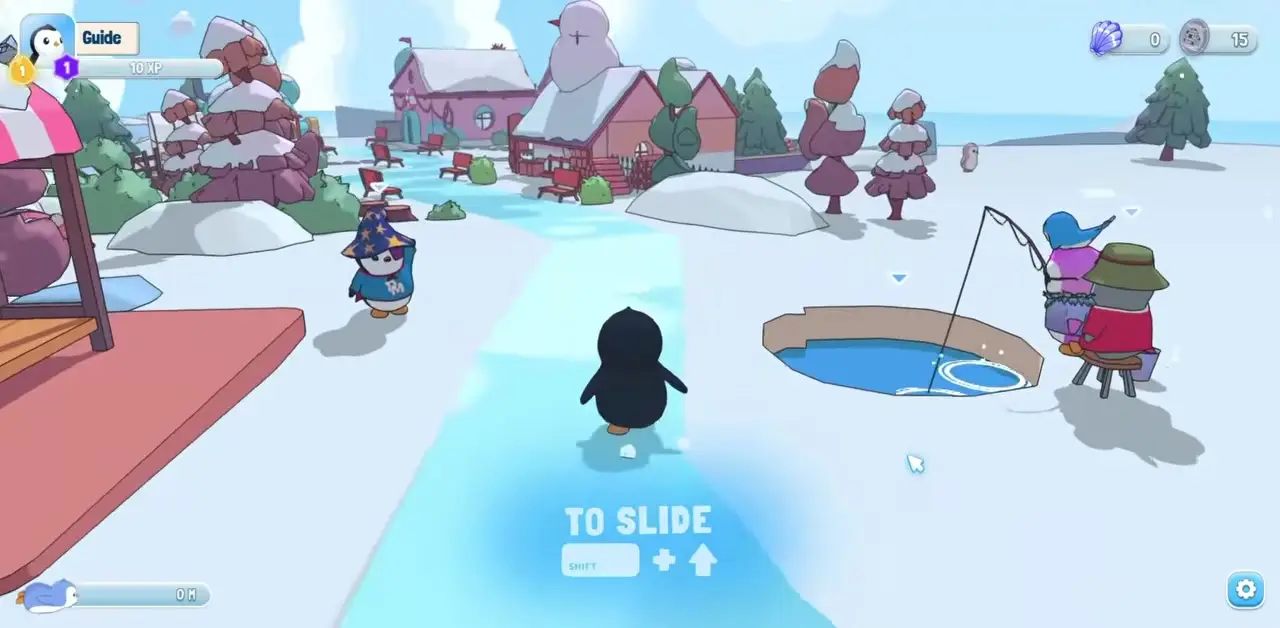 Pudgy World A screenshot from Pudgy World: a penguin walks through a snowy town past the fishing hole.