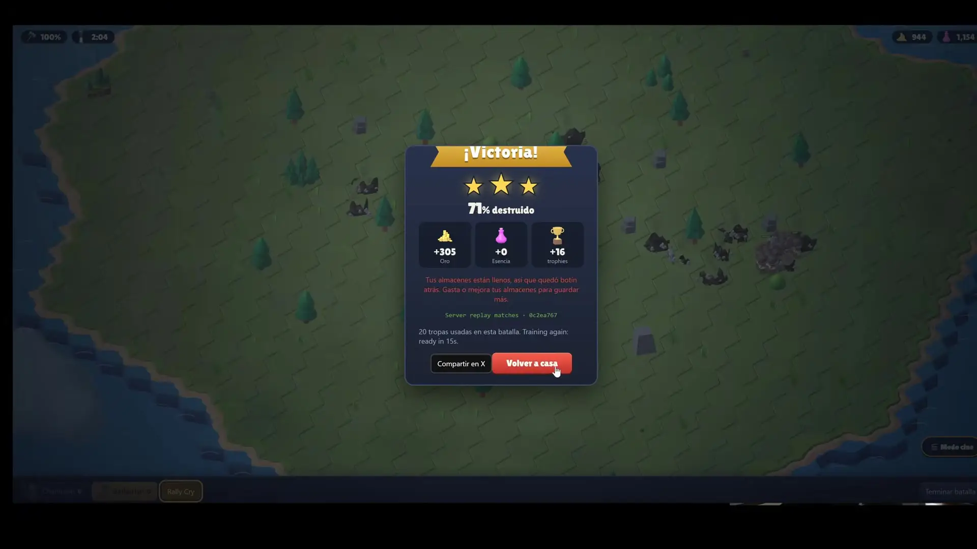RaidLords, a victory screen with stats, on a green terrain with trees and shoreline