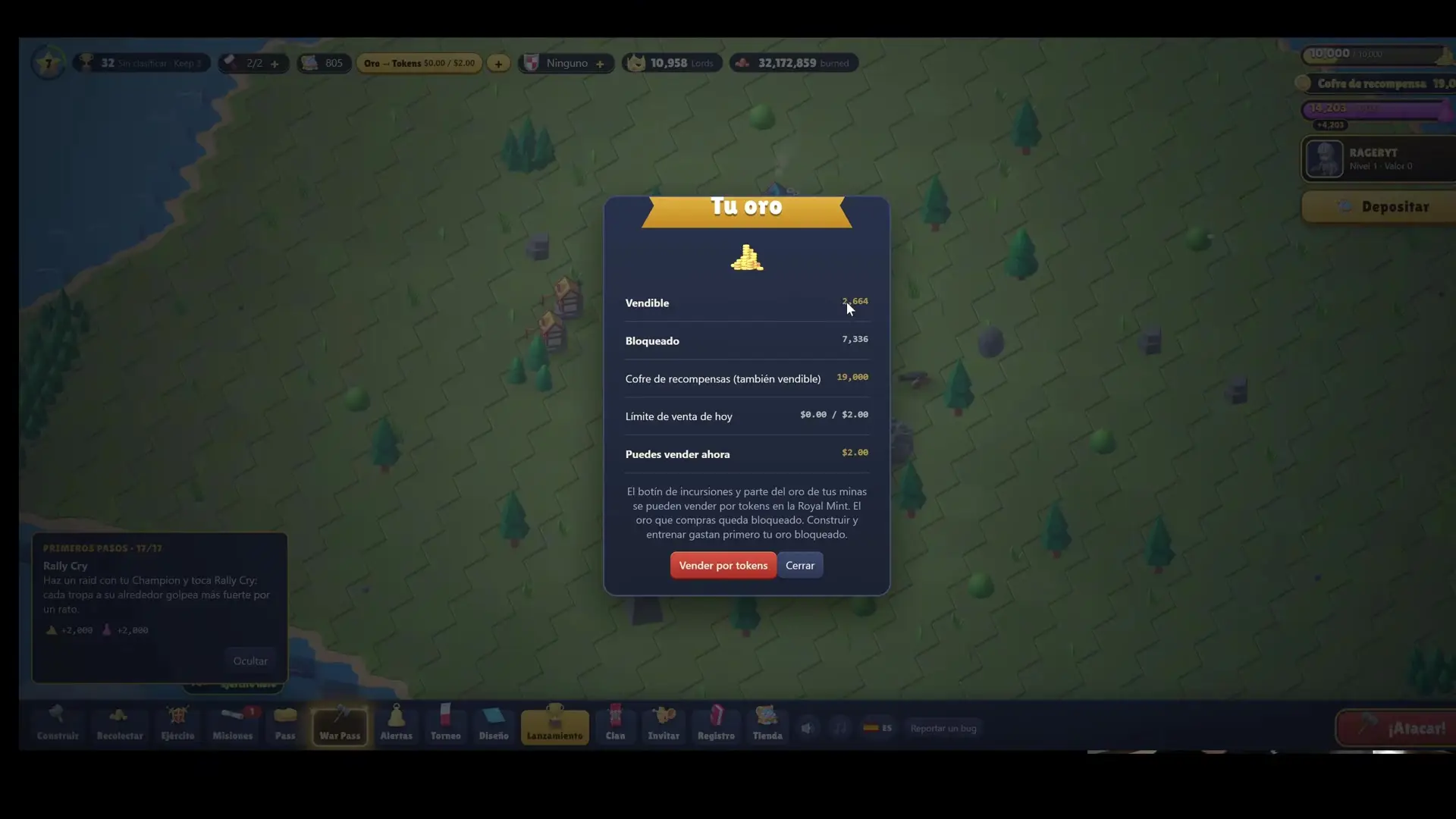 RaidLords, a game interface showing a currency menu with options and amounts on a hexagonal map with trees and buildings