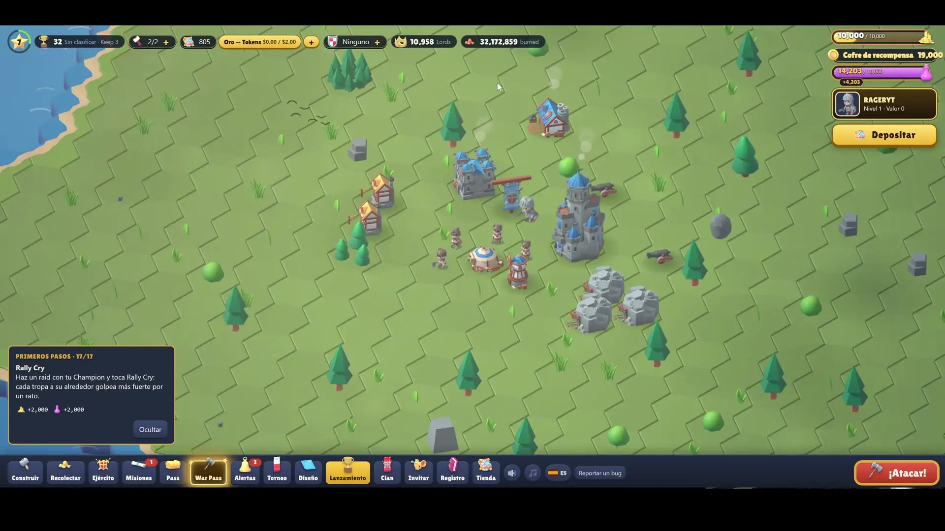 RaidLords, hexagonal map, buildings, trees, and characters in a grassy landscape with interface elements