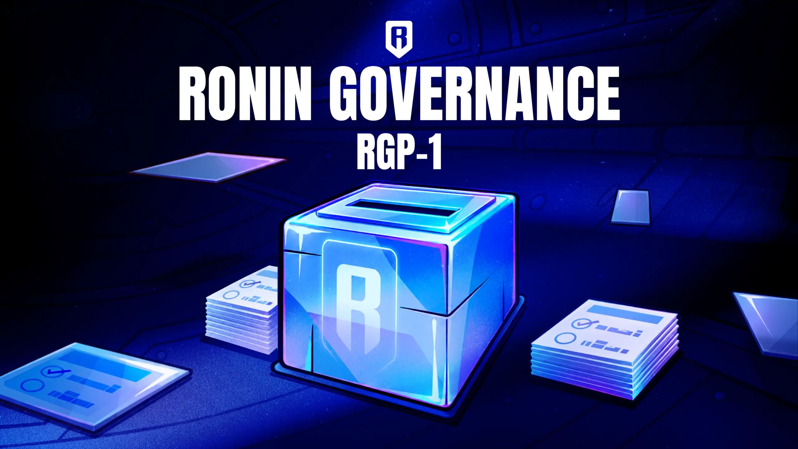 A glowing blue ballot box with the Ronin logo, between stacks of ballot papers, under the words Ronin Governance RGP-1.