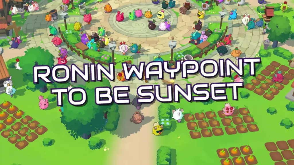 In this scene from Axie Infinity: Origins, numerous colorful creatures are gathered in an outdoor area featuring paved paths, vegetable plots, and a central circular platform.