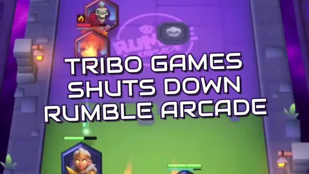 The image from Rumble Arcade shows a game board with character icons and vibrant colors, overlaid by text stating 'Tribo Games Shuts Down Rumble Arcade.'.