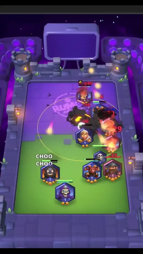 In the game Rumble Arcade, a battle scene unfolds in a futuristic arena with hexagonal tiles, featuring six characters engaged in combat, some surrounded by numbers indicating damage or actions, with the phrase 'CHOO CHOO' appearing next to one character.