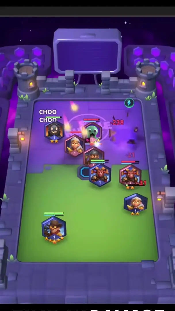 In the game Rumble Arcade, a battle is depicted on a grid where several characters are in combat, set within a purple-hued, castle-like environment.