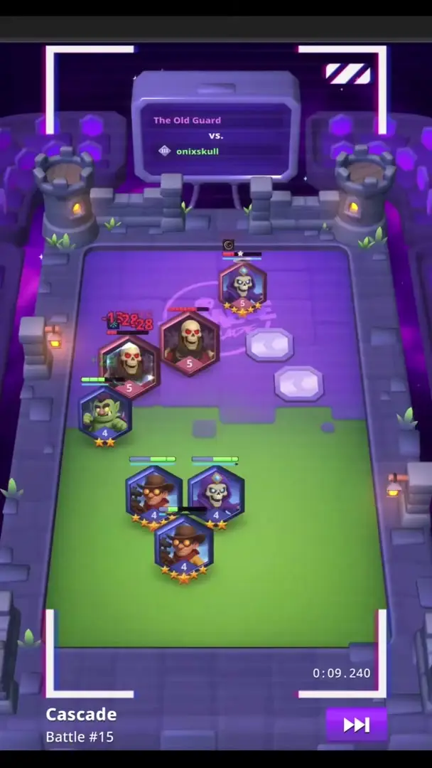 In the game Rumble Arcade, the image shows a battle arena with hexagonal tiles, featuring characters including skeletons and goblins in combat, set within a fortified, stone-walled environment with purple accents.