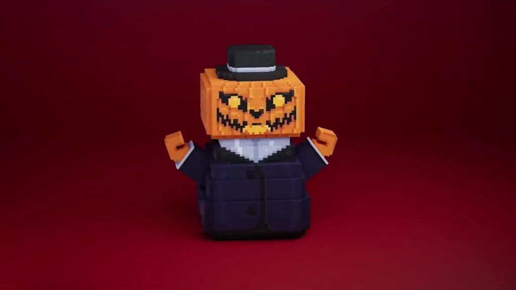 The Sandbox Halloween voxel asset A pumpkin-headed voxel character from The Sandbox's Halloween asset packs