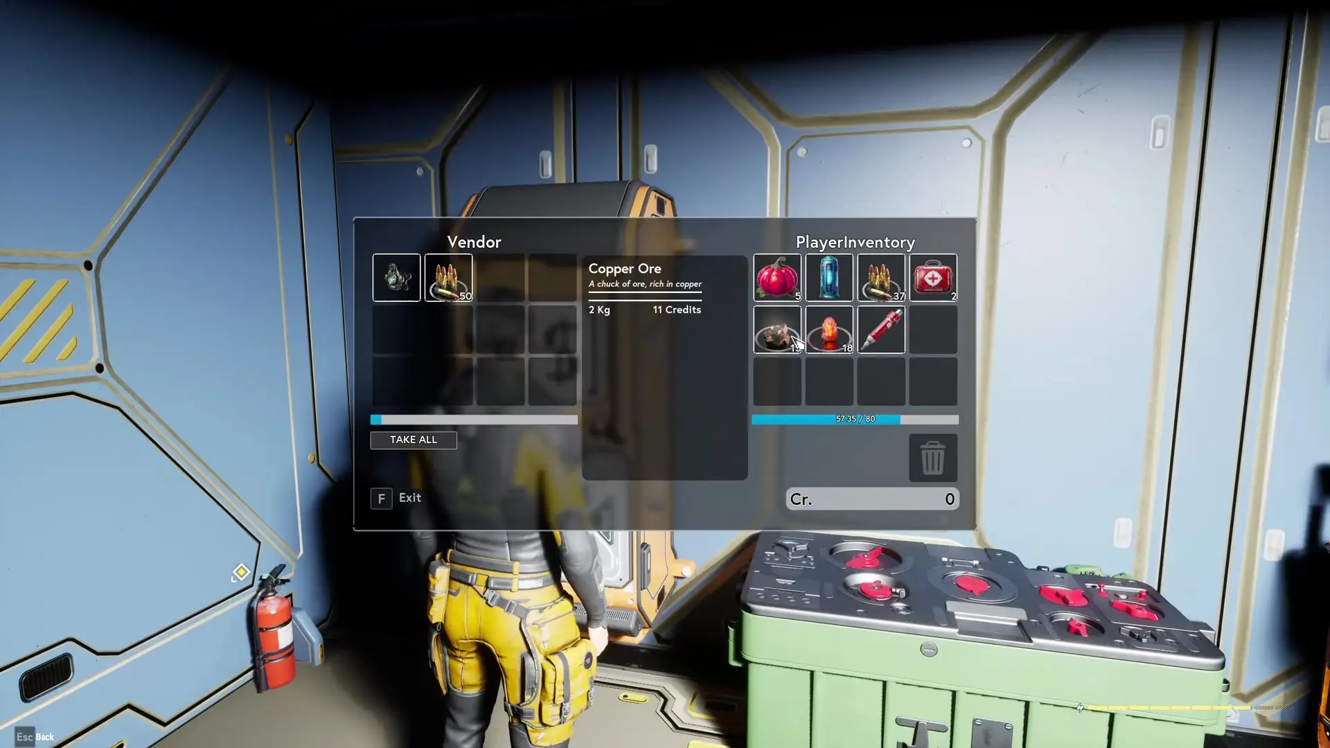 In the game Star Atlas, a character in yellow pants stands near a blue wall with a fire extinguisher, viewing an inventory screen that shows items like copper ore and ammunition.