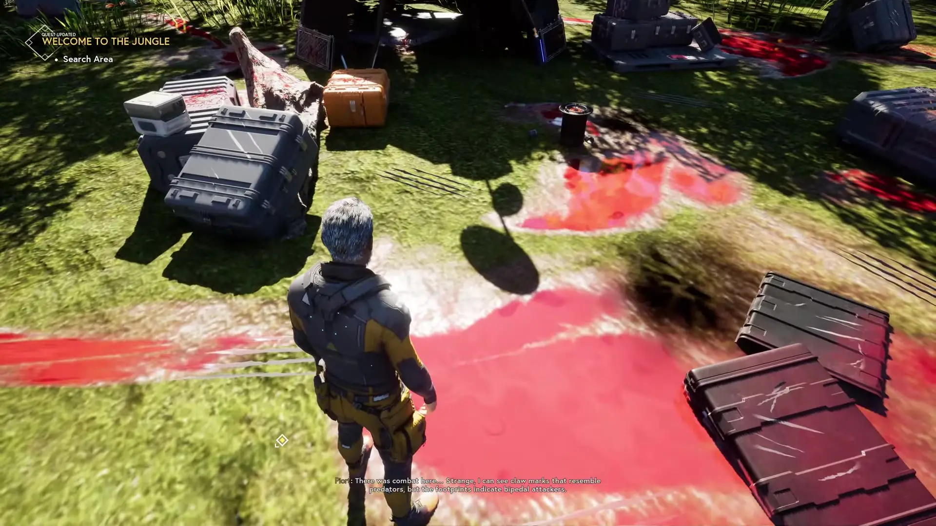 In Star Atlas, a character stands in a jungle clearing surrounded by scattered equipment cases, red patches on the ground, and nearby instructions to search the area.