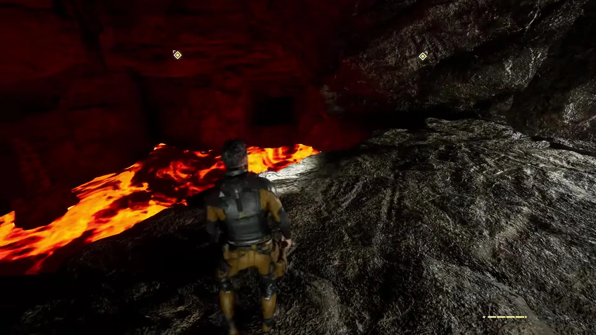 In the game Star Atlas, a character in armor stands on rocky terrain overlooking a glowing river of lava in a cavernous environment.