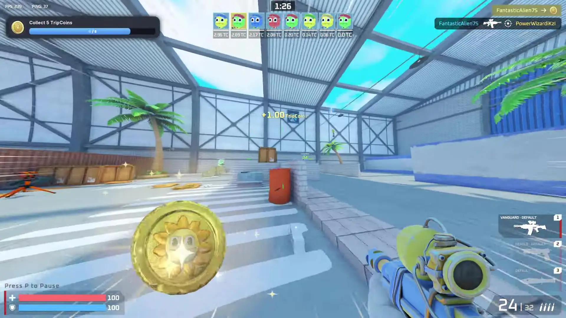 In the game SuperTripLand, a first-person view shows a large golden coin with a sun-like face in motion against an industrial setting featuring a roofed structure and palm trees.