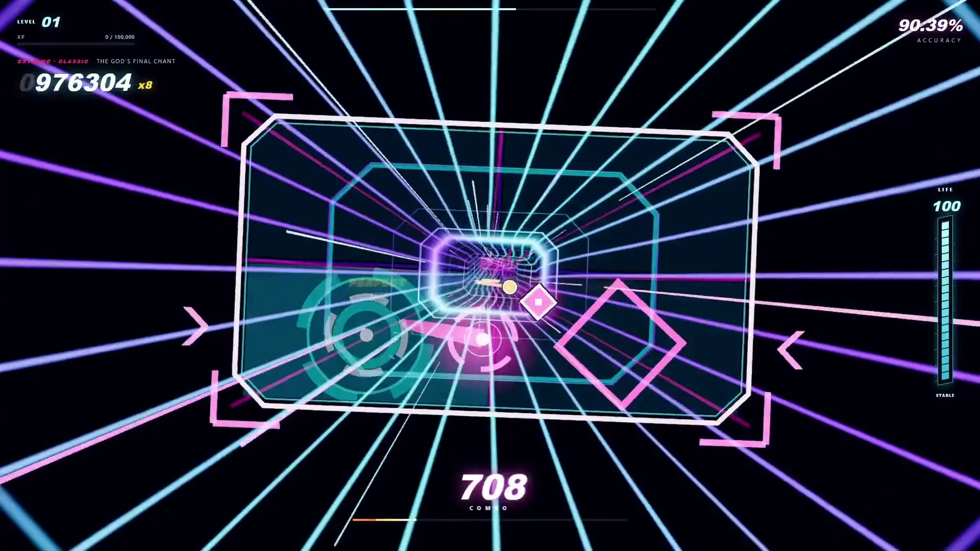 Rytm DX on The Sandbox Studio In The Sandbox, a rhythm game interface displays neon geometric shapes moving through a digital tunnel against a black background while the score and combo counter increase.