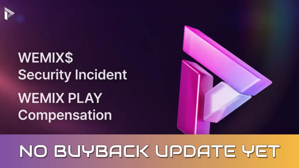 WEMIX PLAY graphic reading "WEMIX$ Security Incident, WEMIX PLAY Compensation" beside the WEMIX PLAY logo, with a banner reading "No buyback update yet".
