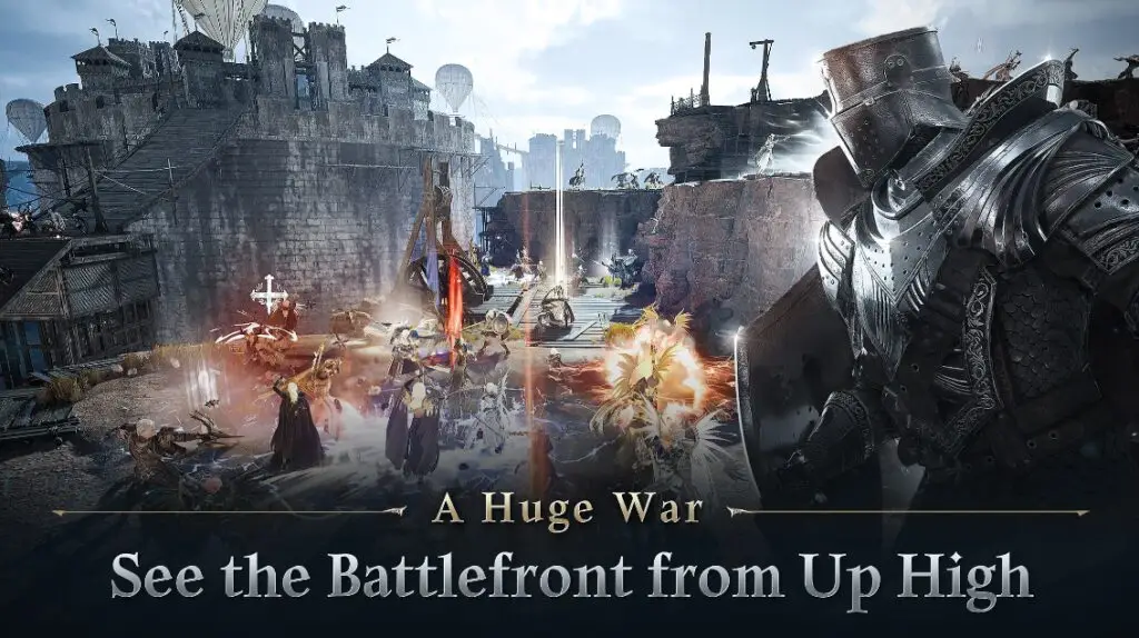 Night Crows promo art showing armies fighting below a castle wall, with an armoured knight in the foreground.