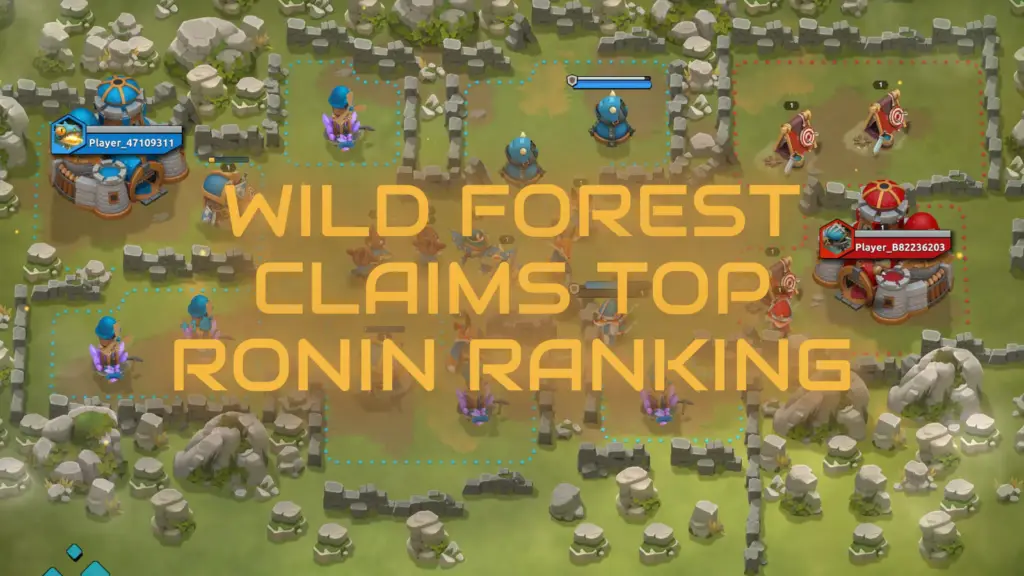 The image from Wild Forest shows a strategic game board with two player bases labeled as Player_47109311 and Player_B82236203, surrounded by rocky terrain and featuring small units engaged in a tactical setup.