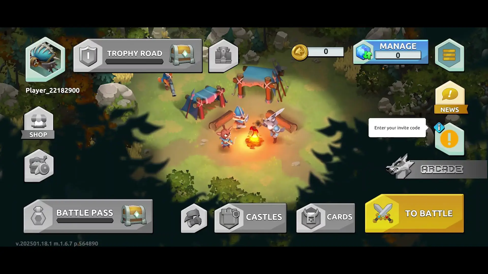 In the game 'Wild Forest', characters gather around a campfire in a forest setting with tents and trees, as various game interface icons are displayed on the screen.