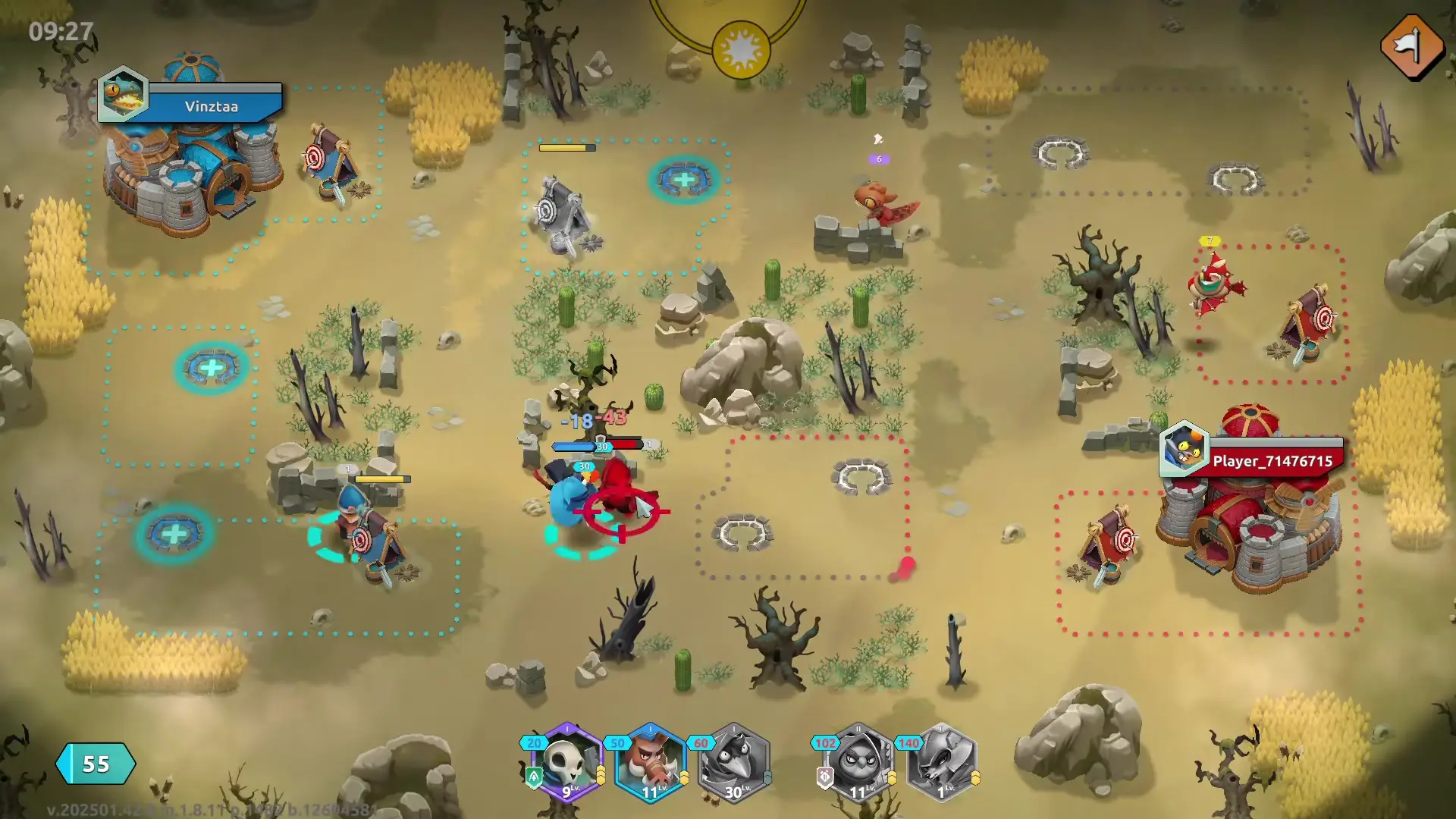 In the game 'Wild Forest,' a strategic battle is taking place in a desert-like environment with two main characters in combat near a mix of vegetation and rock formations, surrounded by player buildings marked with different colored outlines.
