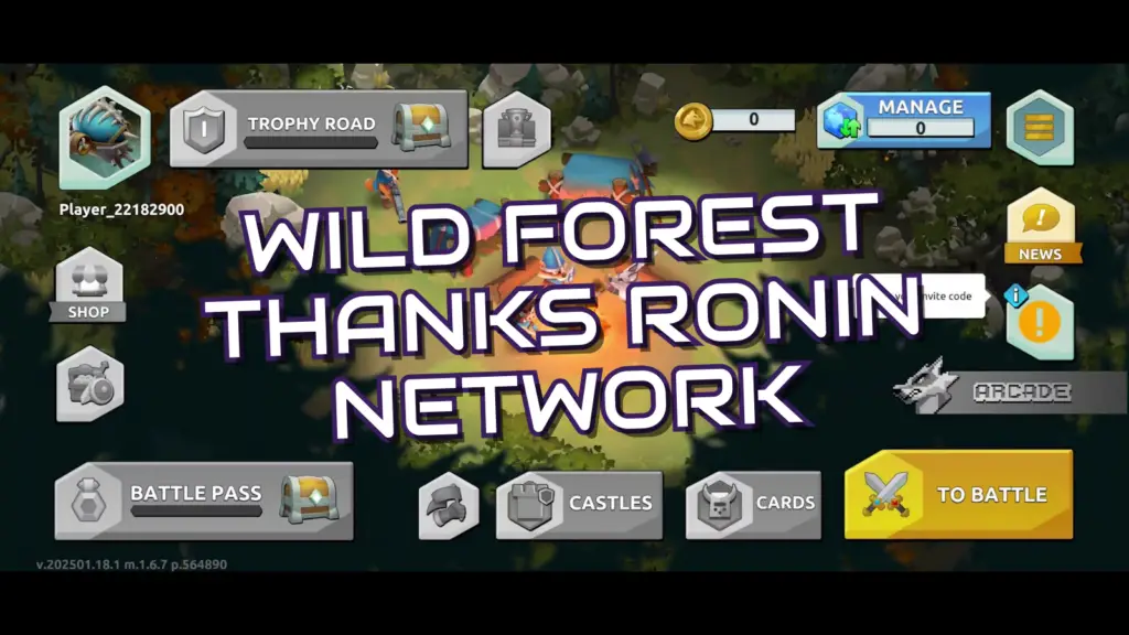 The image from Wild Forest shows a game interface with various menu options such as 'SHOP', 'TROPHY ROAD', 'CASTLES', and a large text overlay saying 'WILD FOREST THANKS RONIN NETWORK', featuring a forested area with tents and characters.