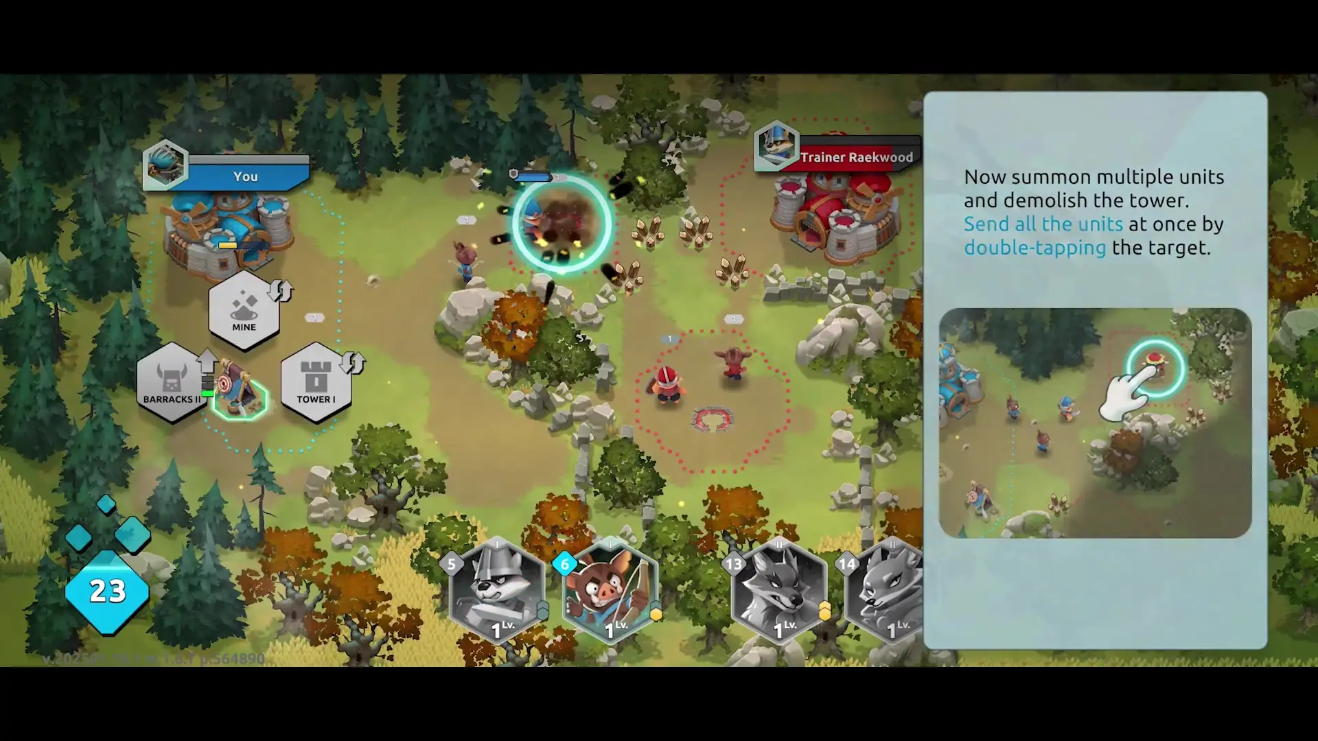 The image from Wild Forest shows a strategic game scene with a village structure labeled 'You' near a forest, while an animated explosion effect occurs near 'Trainer Raekwood' with units and a game instruction on summoning multiple units visible.