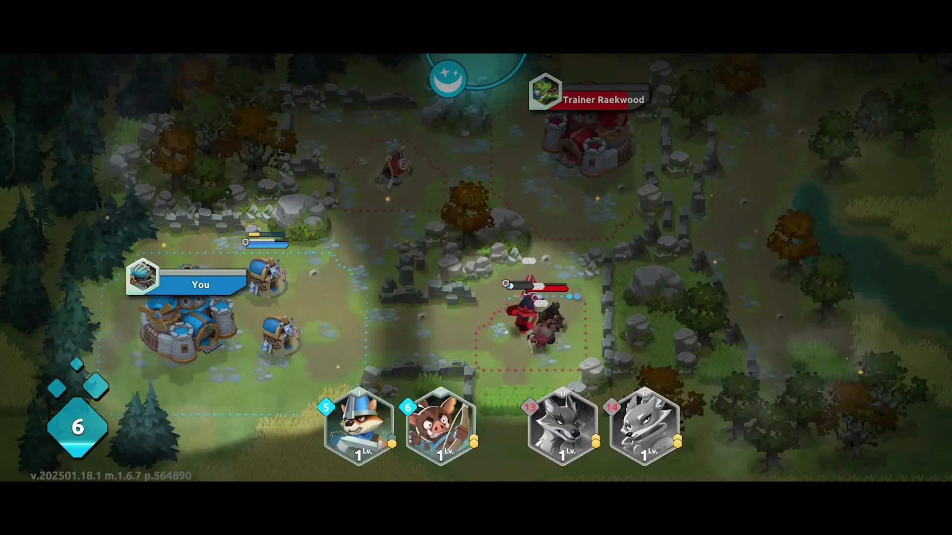 In the game 'Wild Forest,' a strategic map is displayed featuring a series of structures labeled 'You,' with various animal characters positioned near them in a forested environment with trees and stone pathways, while an enemy labeled 'Trainer Raekwood' is present on the right side.