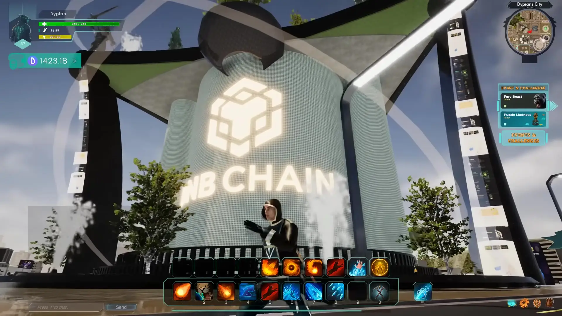 A player stands before a glass tower with the BNB Chain logo in Dypians City, in World of Dypians. A player stands before a glass tower with the BNB Chain logo in Dypians City, in World of Dypians.
