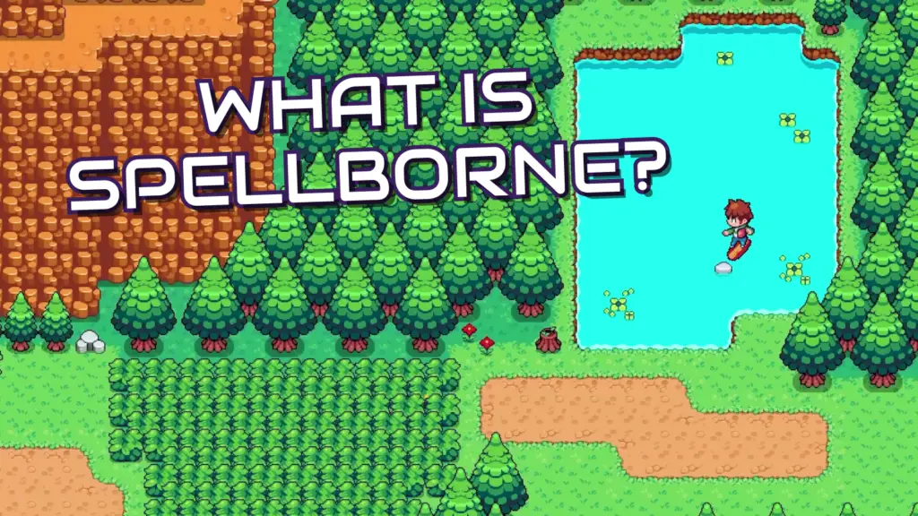 Spellborne pixel-art forest and lake with the words What Is Spellborne?