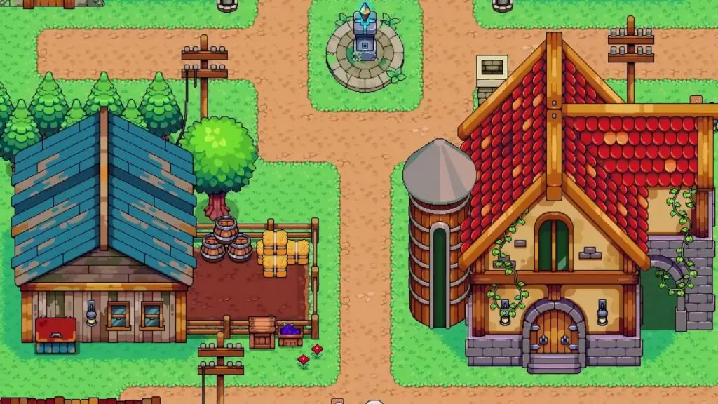 Spellborne, a pixel-art farm town with houses, a silo and dirt paths