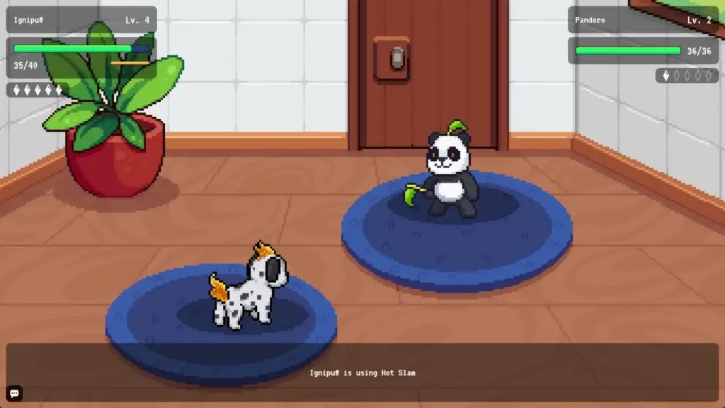 Spellborne, a panda Mon and a spotted dog Mon battling indoors