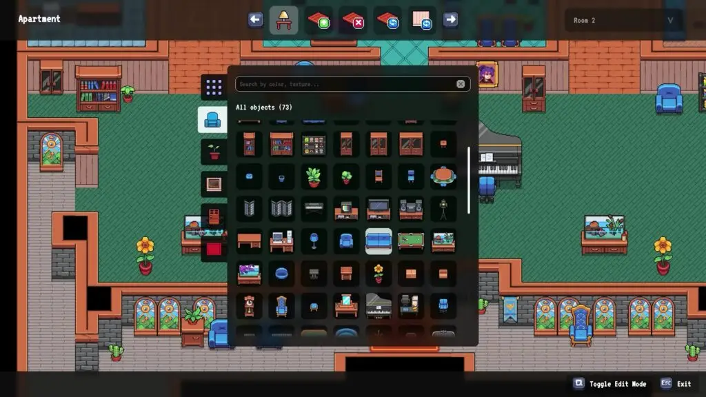 Spellborne, the apartment editor with a furniture menu open